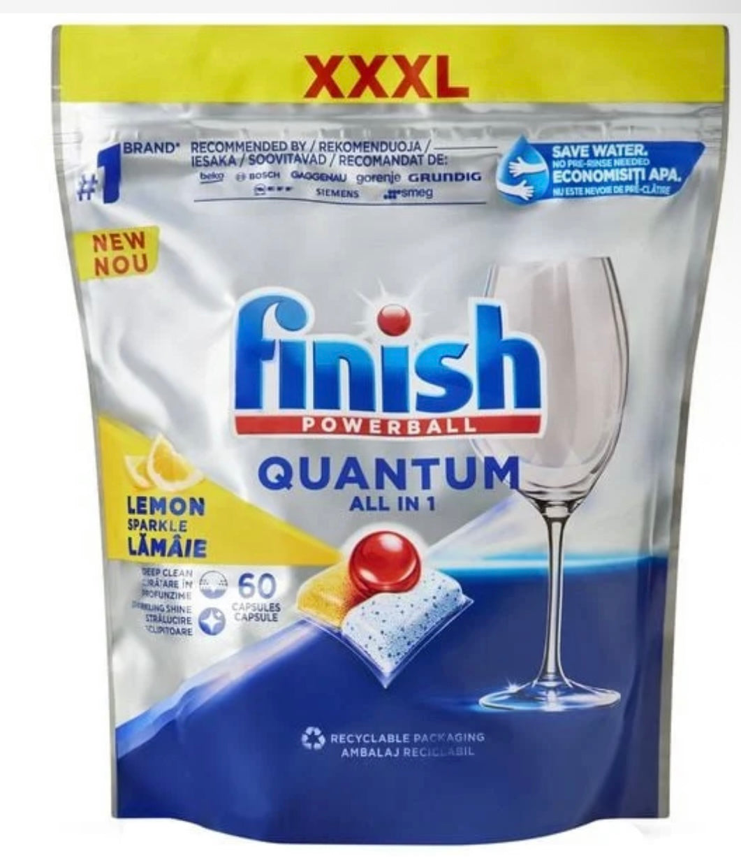 Finish Quantum 60 Pack Lemon Sparkle All-In-One Dishwashing Tablets